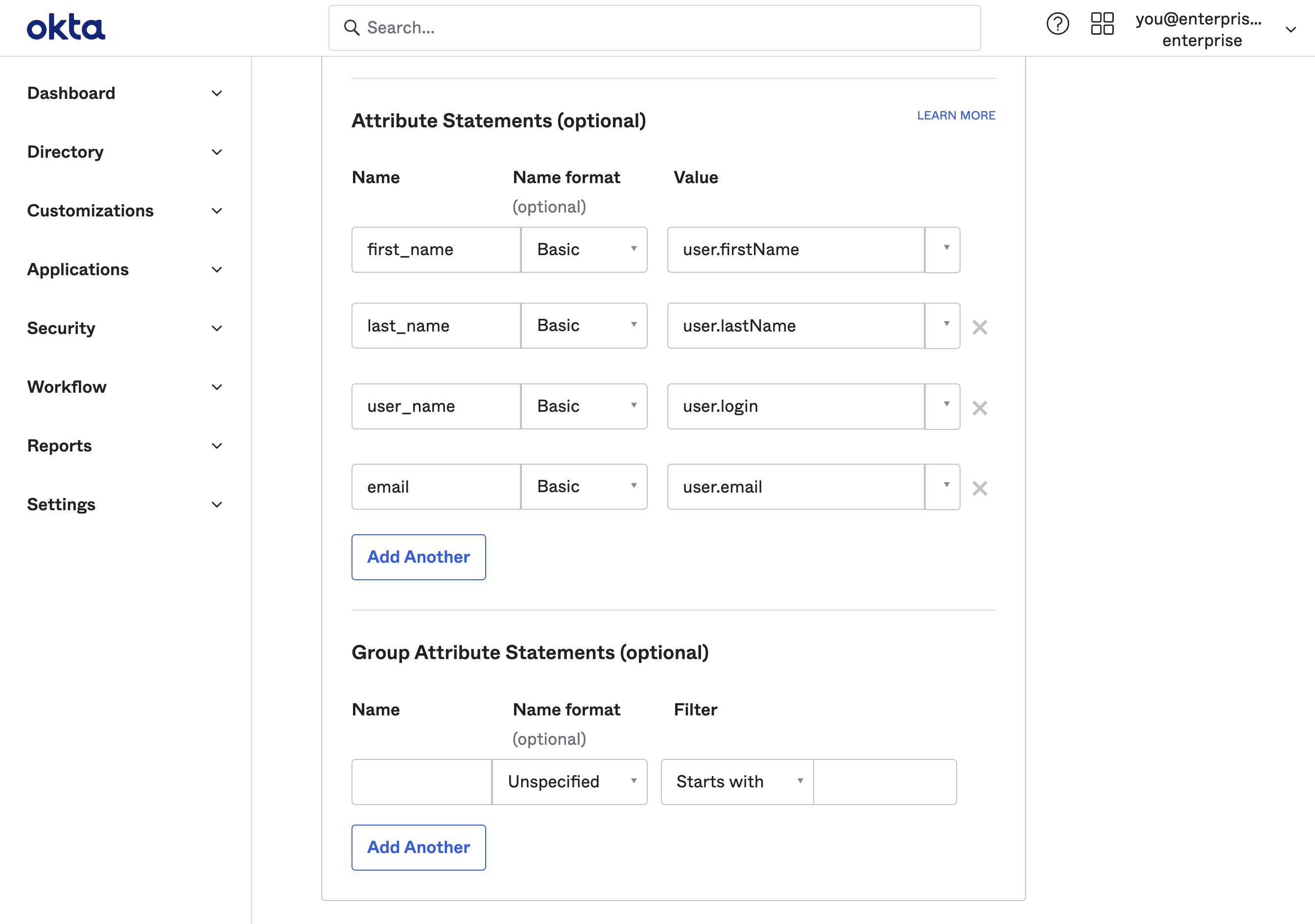 Okta dashboard: Attribute Statements configuration screen